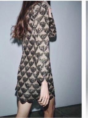 Zara Gold and Black Scalloped Sequin Mini Dress